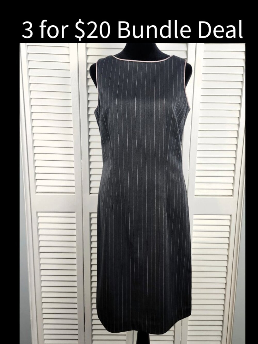 Gray Pinstripe Dress size 6 Pink Piping Satin Lined Vintage Retro Office